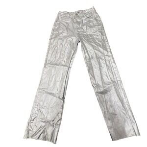 Zara Jeans Womens 4 Silver Metallic Straight Leg Raw Hem High Rise Denim Pants